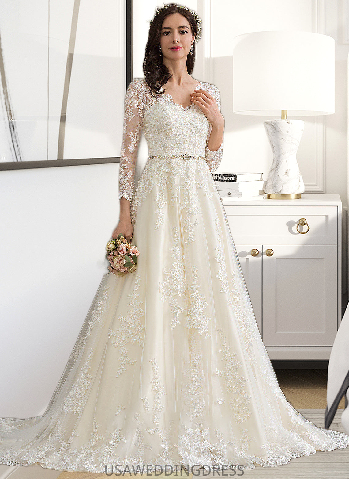 Ginny Ball-Gown/Princess V-neck Chapel Train Tulle Wedding Dress With Beading Sequins DSP0013695