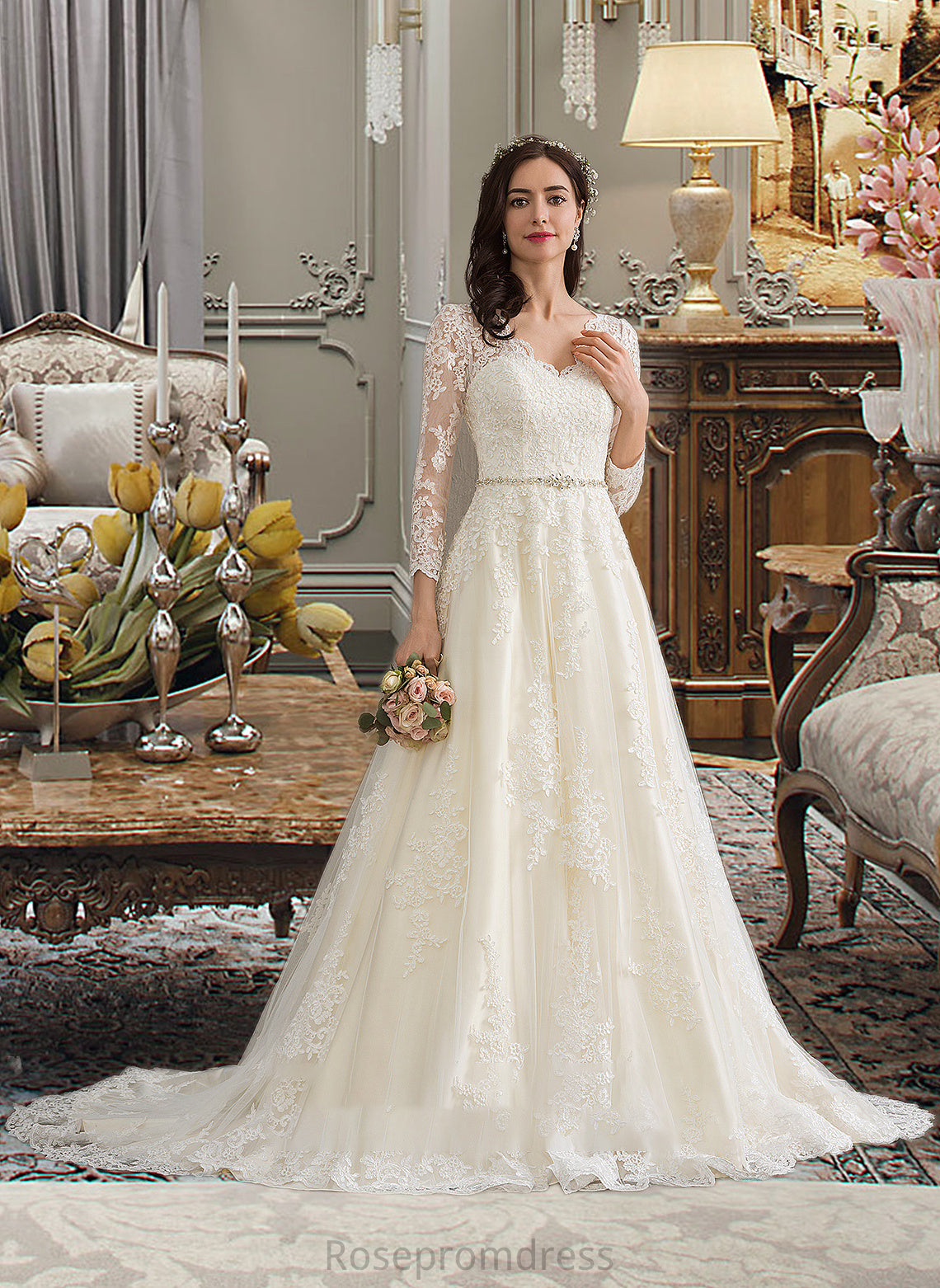 Kristina Ball-Gown/Princess V-neck Chapel Train Tulle Wedding Dress With Beading Sequins SRSP0013695