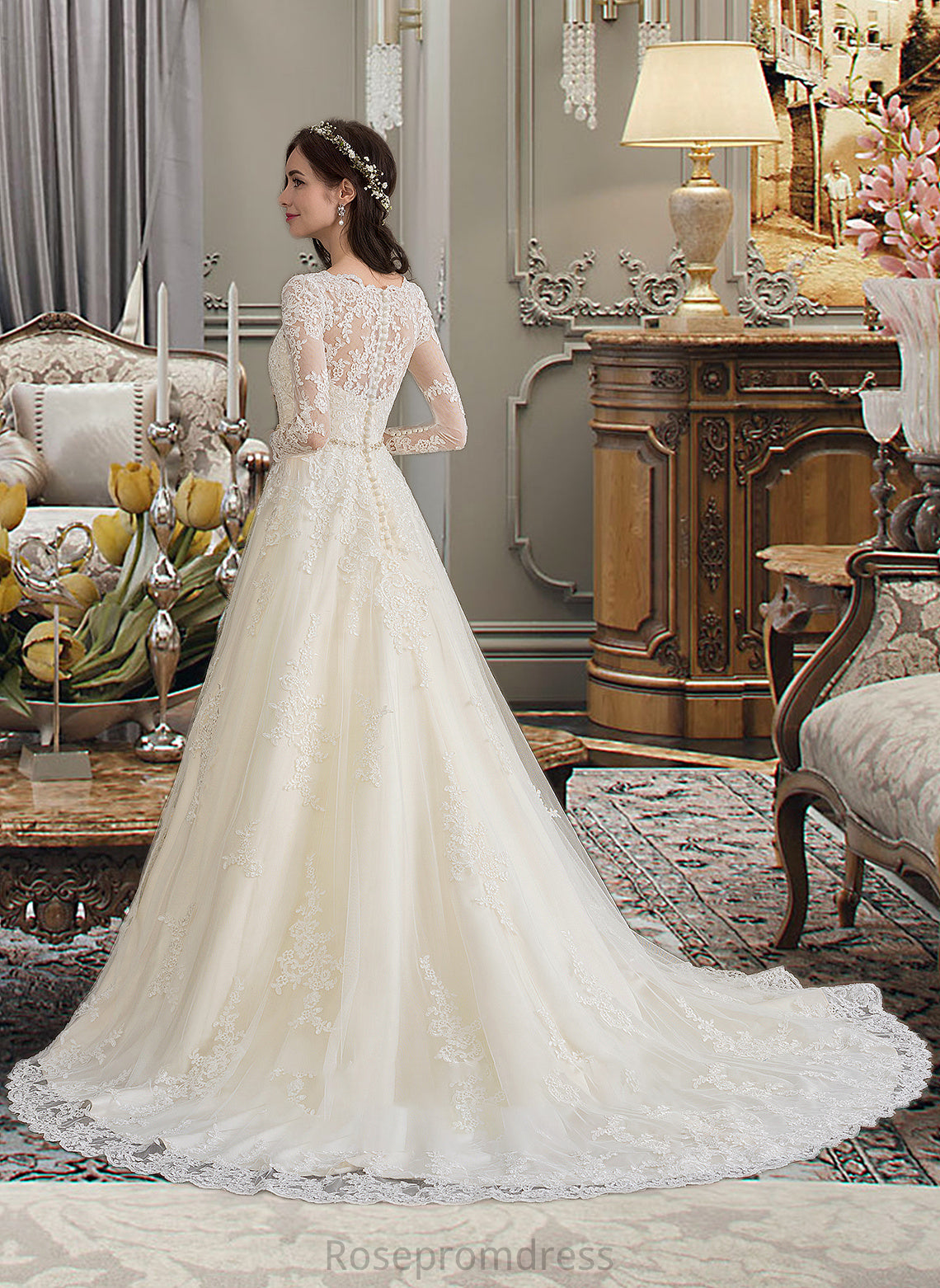 Kristina Ball-Gown/Princess V-neck Chapel Train Tulle Wedding Dress With Beading Sequins SRSP0013695