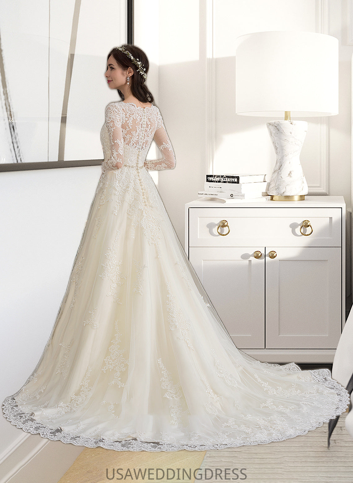 Ginny Ball-Gown/Princess V-neck Chapel Train Tulle Wedding Dress With Beading Sequins DSP0013695