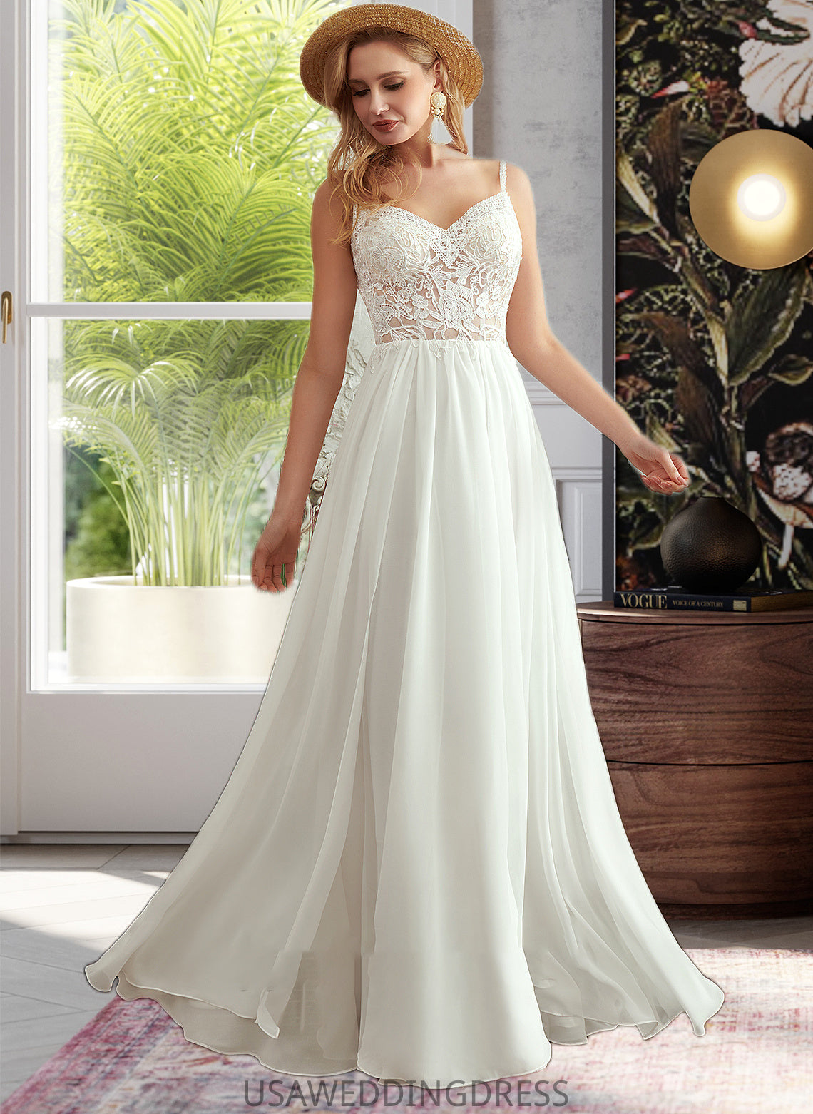 Janiya A-Line V-neck Floor-Length Wedding Dress With Beading Split Front DSP0013697