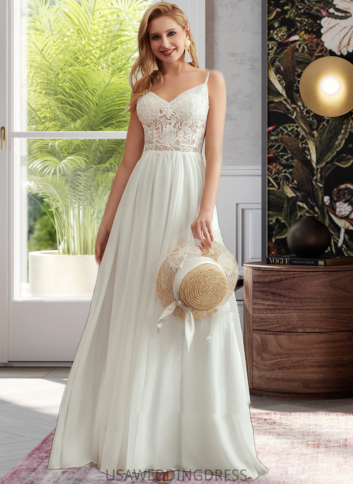 Janiya A-Line V-neck Floor-Length Wedding Dress With Beading Split Front DSP0013697