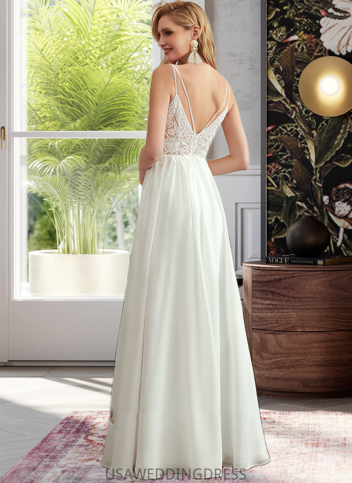 Janiya A-Line V-neck Floor-Length Wedding Dress With Beading Split Front DSP0013697