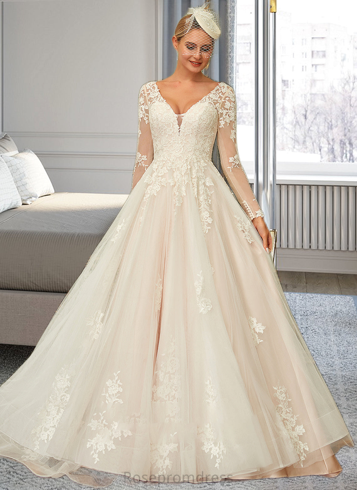 Kimora Ball-Gown/Princess V-neck Sweep Train Tulle Lace Wedding Dress SRSP0013698