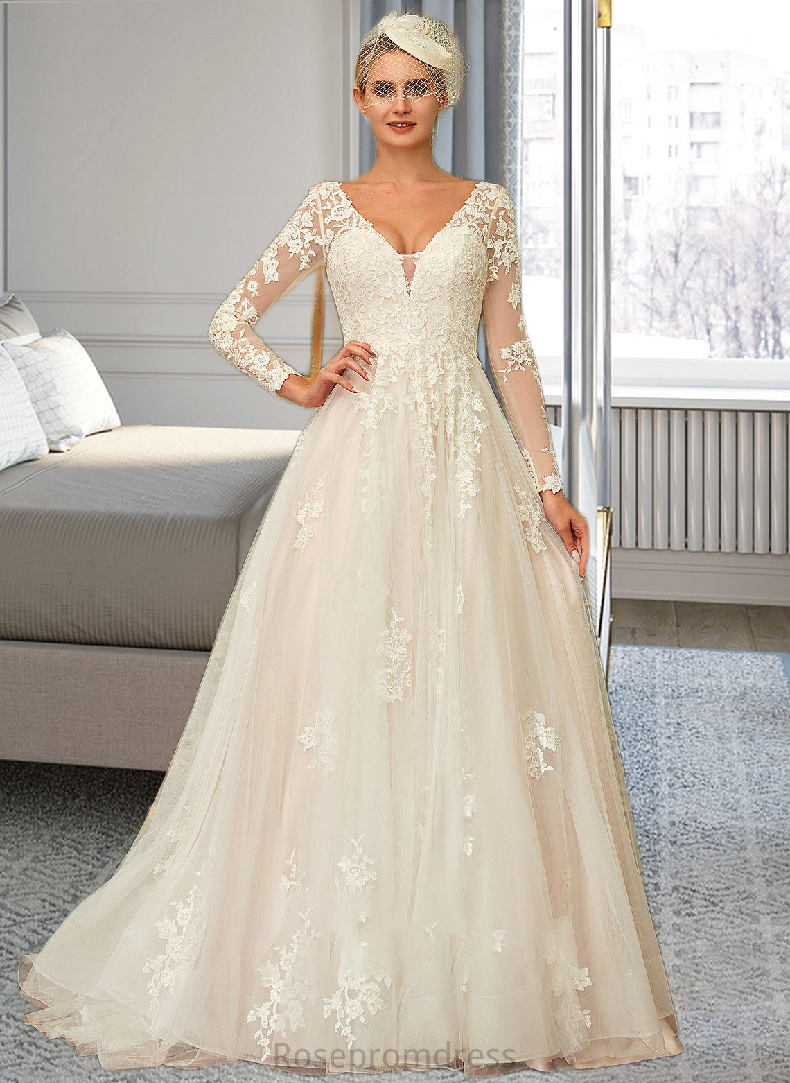 Kimora Ball-Gown/Princess V-neck Sweep Train Tulle Lace Wedding Dress SRSP0013698