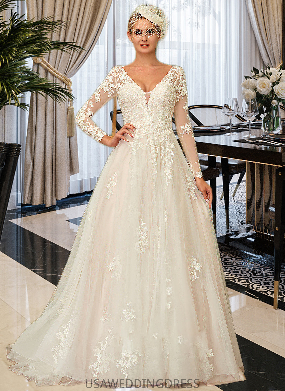 Meghan Ball-Gown/Princess V-neck Sweep Train Tulle Lace Wedding Dress DSP0013698