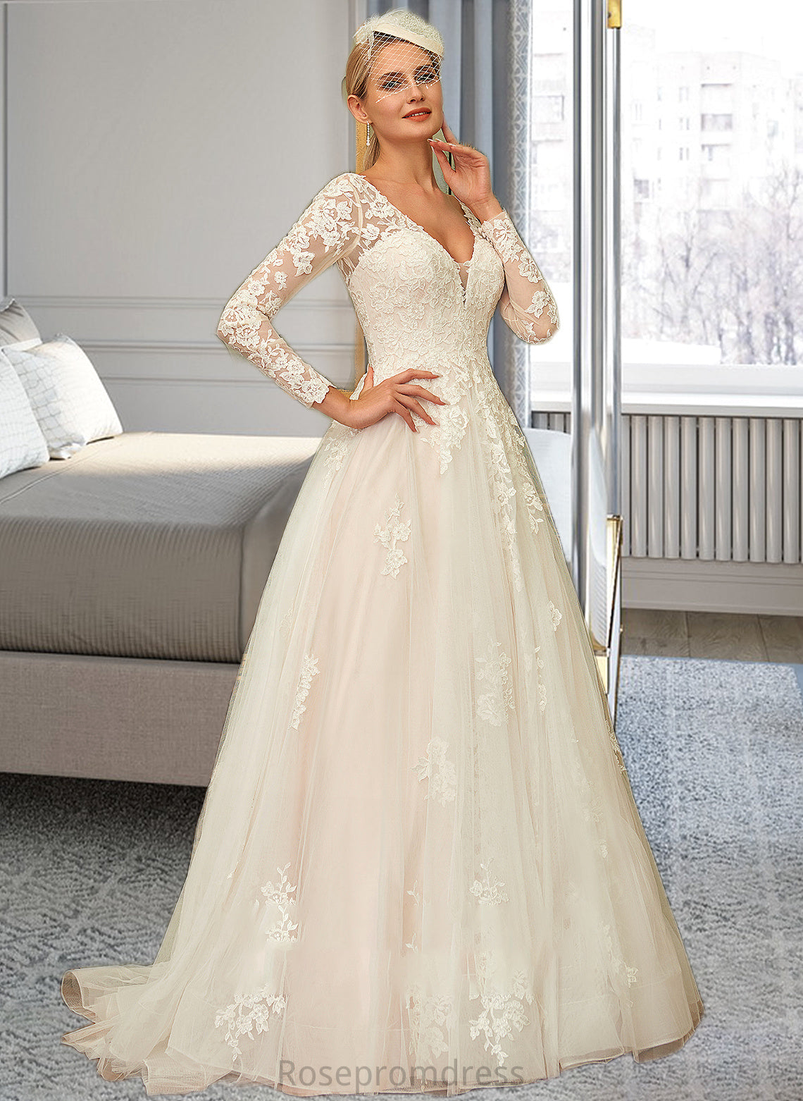 Kimora Ball-Gown/Princess V-neck Sweep Train Tulle Lace Wedding Dress SRSP0013698