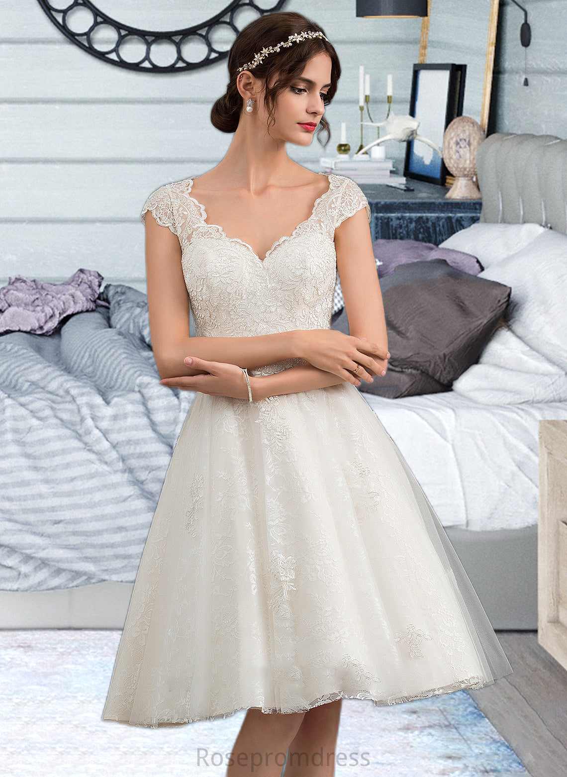 Anastasia A-Line V-neck Knee-Length Tulle Lace Wedding Dress SRSP0013700