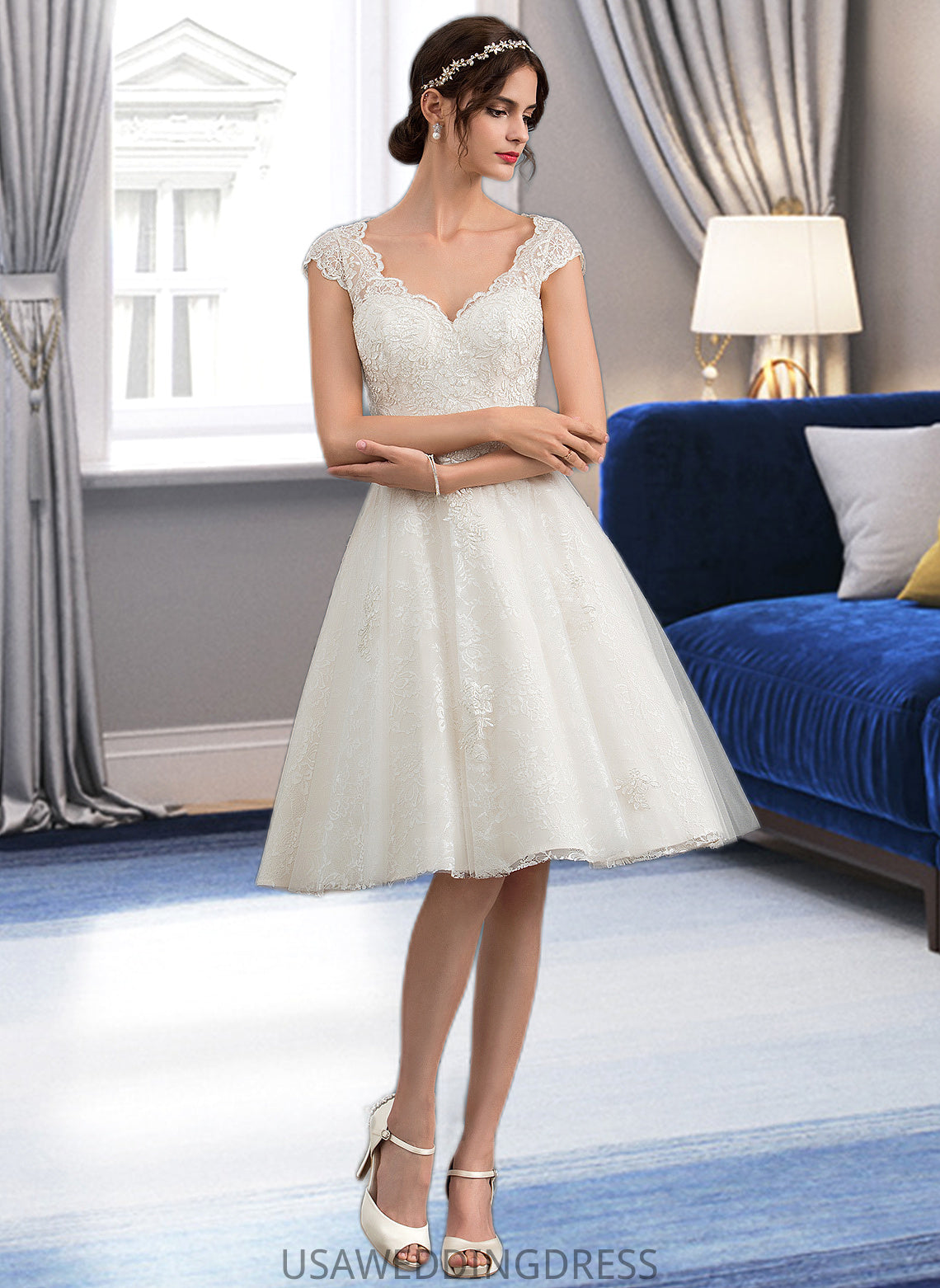 Aliana A-Line V-neck Knee-Length Tulle Lace Wedding Dress DSP0013700