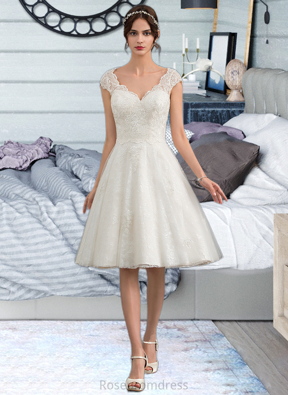 Anastasia A-Line V-neck Knee-Length Tulle Lace Wedding Dress SRSP0013700