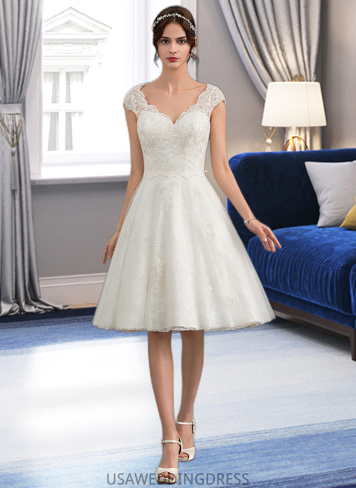 Aliana A-Line V-neck Knee-Length Tulle Lace Wedding Dress DSP0013700