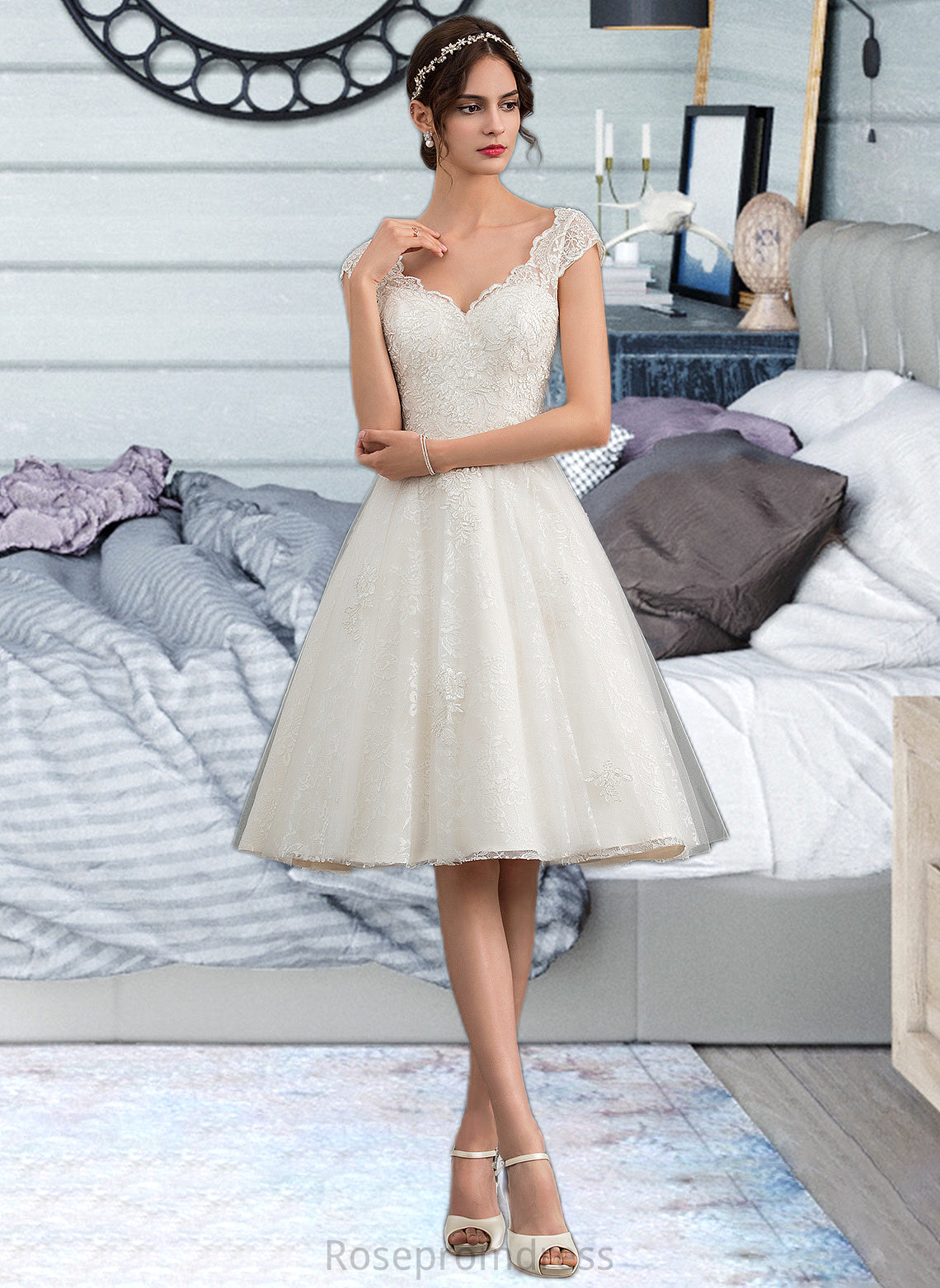 Anastasia A-Line V-neck Knee-Length Tulle Lace Wedding Dress SRSP0013700