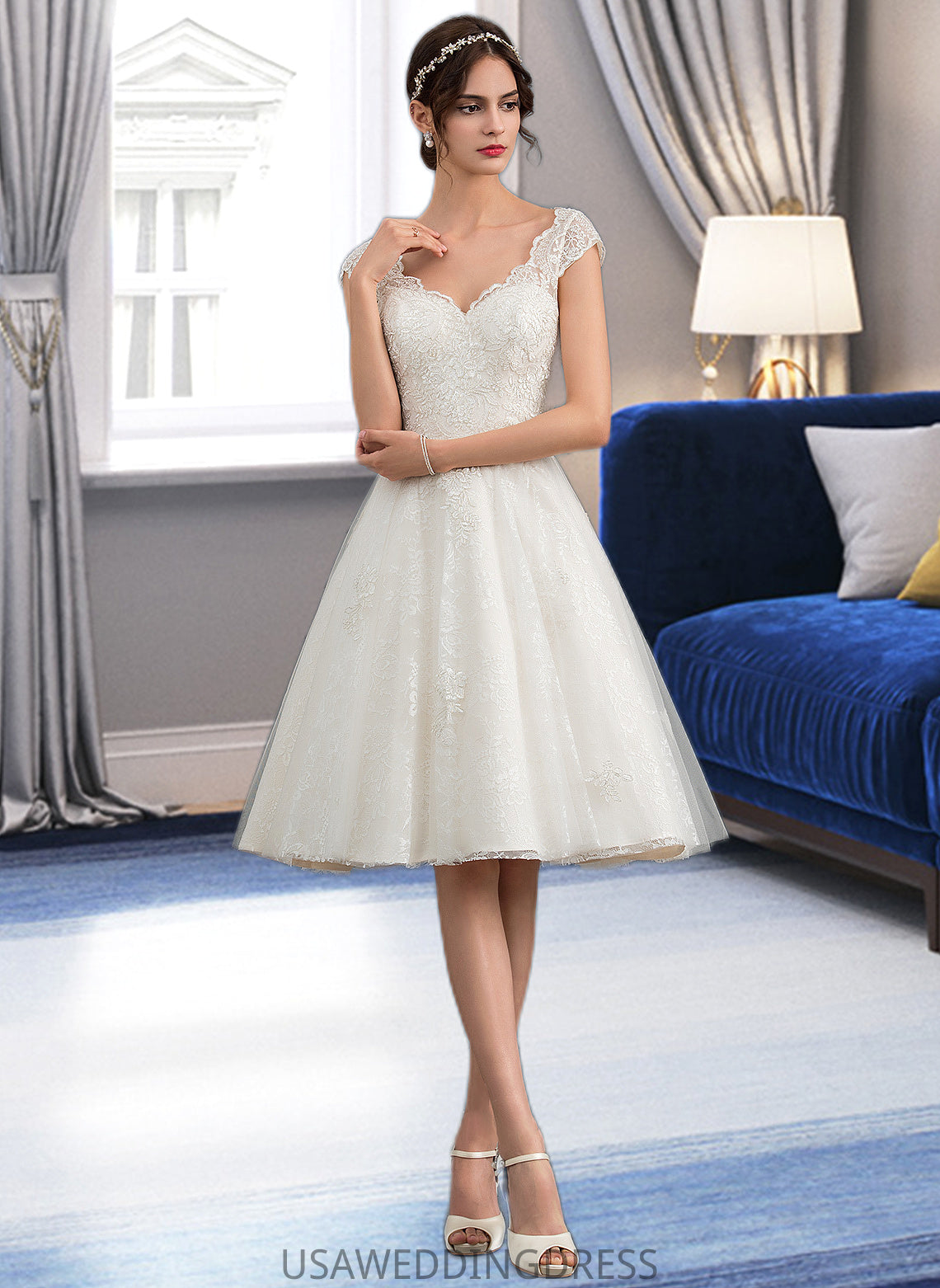 Aliana A-Line V-neck Knee-Length Tulle Lace Wedding Dress DSP0013700