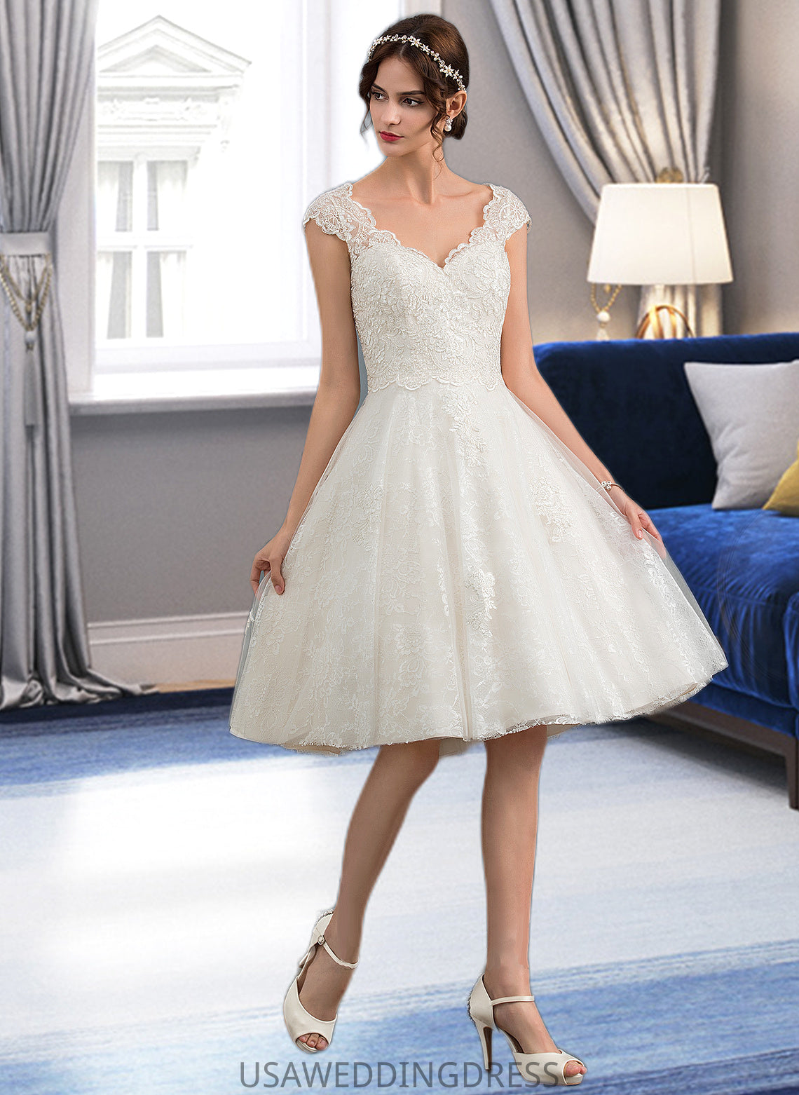 Aliana A-Line V-neck Knee-Length Tulle Lace Wedding Dress DSP0013700