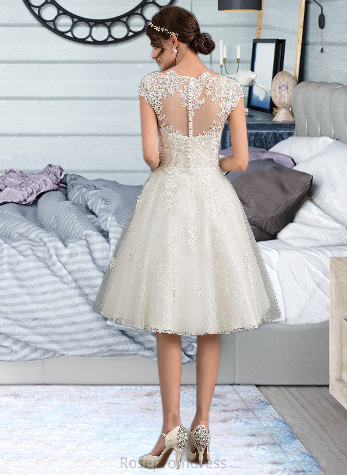 Anastasia A-Line V-neck Knee-Length Tulle Lace Wedding Dress SRSP0013700