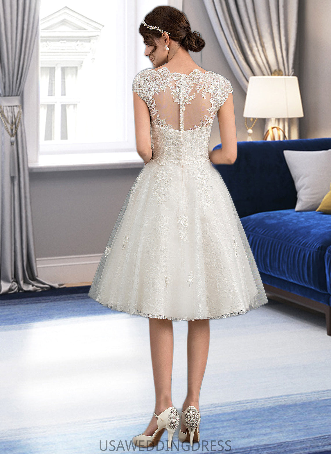 Aliana A-Line V-neck Knee-Length Tulle Lace Wedding Dress DSP0013700