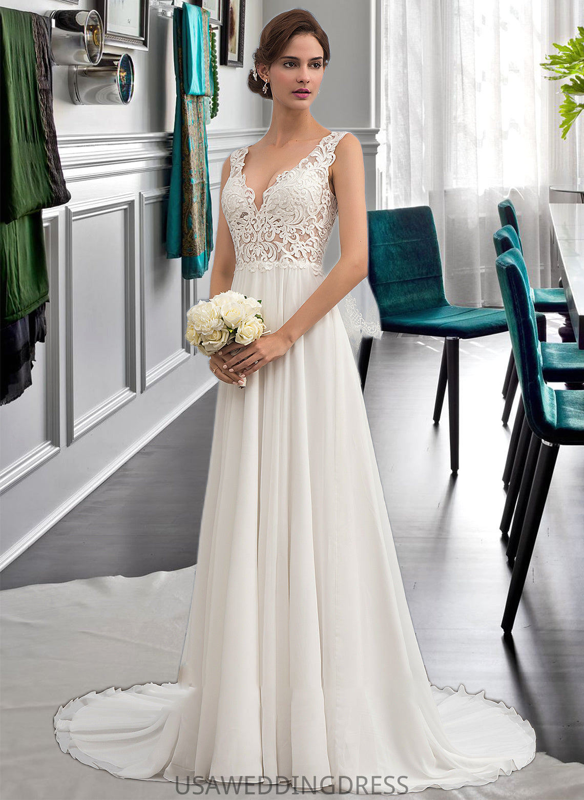 Kaylah A-Line V-neck Court Train Chiffon Wedding Dress DSP0013701