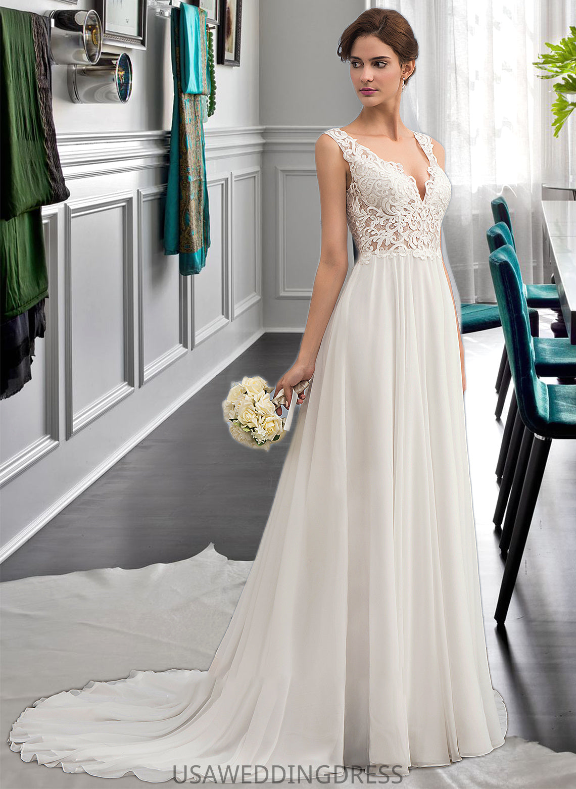 Kaylah A-Line V-neck Court Train Chiffon Wedding Dress DSP0013701