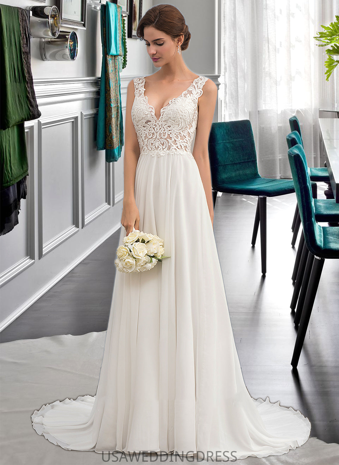 Kaylah A-Line V-neck Court Train Chiffon Wedding Dress DSP0013701