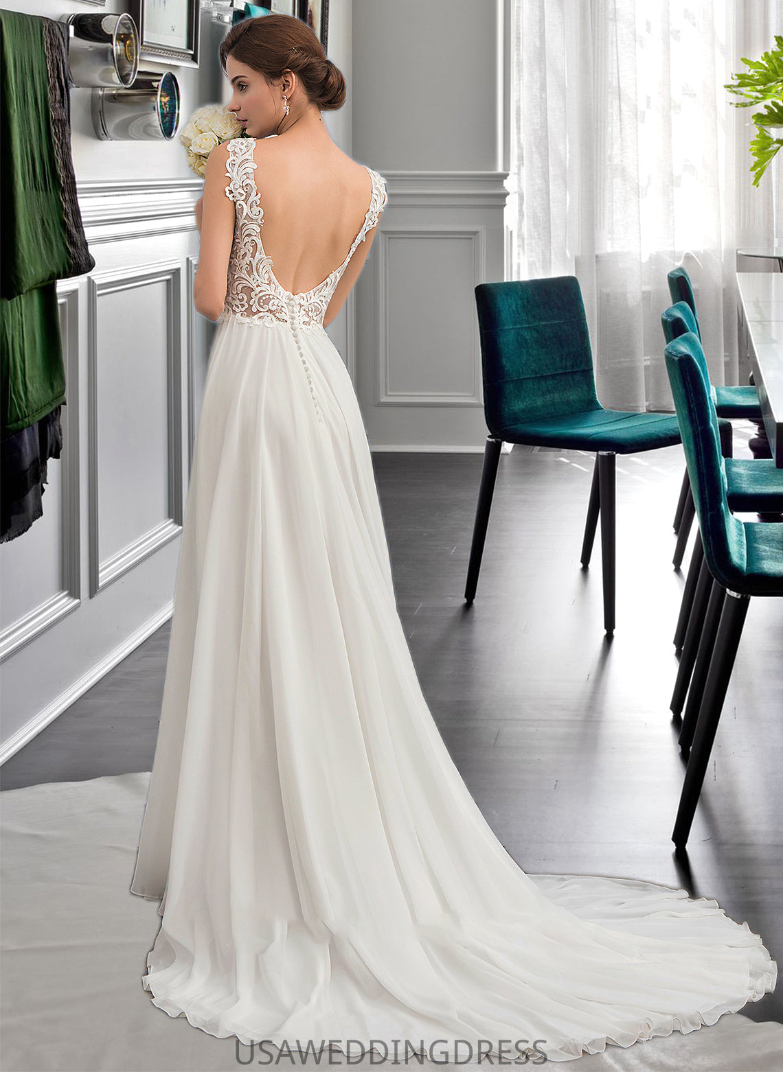 Kaylah A-Line V-neck Court Train Chiffon Wedding Dress DSP0013701