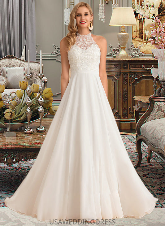 Maria A-Line High Neck Floor-Length Chiffon Wedding Dress DSP0013702