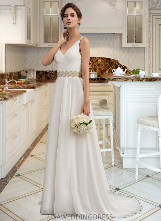 Michaelia A-Line V-neck Sweep Train Chiffon Wedding Dress With Ruffle Lace Beading Sequins DSP0013705