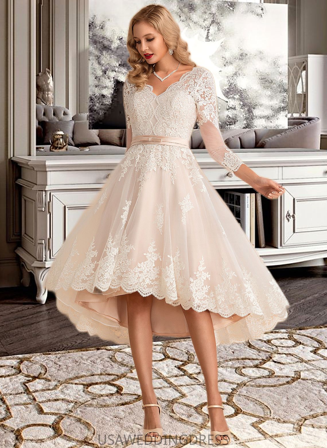 Stella A-Line V-neck Asymmetrical Satin Tulle Lace Wedding Dress DSP0013706