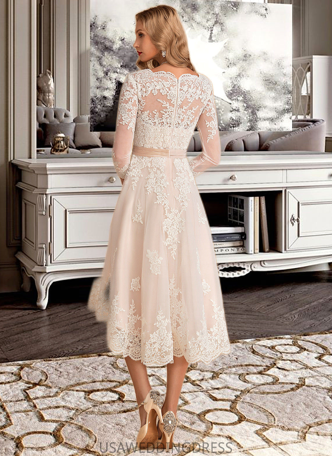 Stella A-Line V-neck Asymmetrical Satin Tulle Lace Wedding Dress DSP0013706