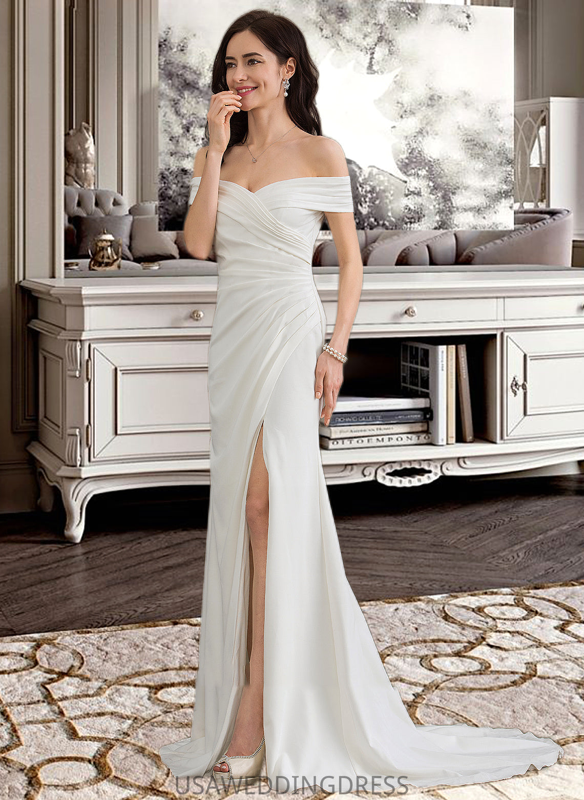 Nicky Sheath/Column Off-the-Shoulder Sweep Train Stretch Crepe Wedding Dress With Ruffle Split Front DSP0013707