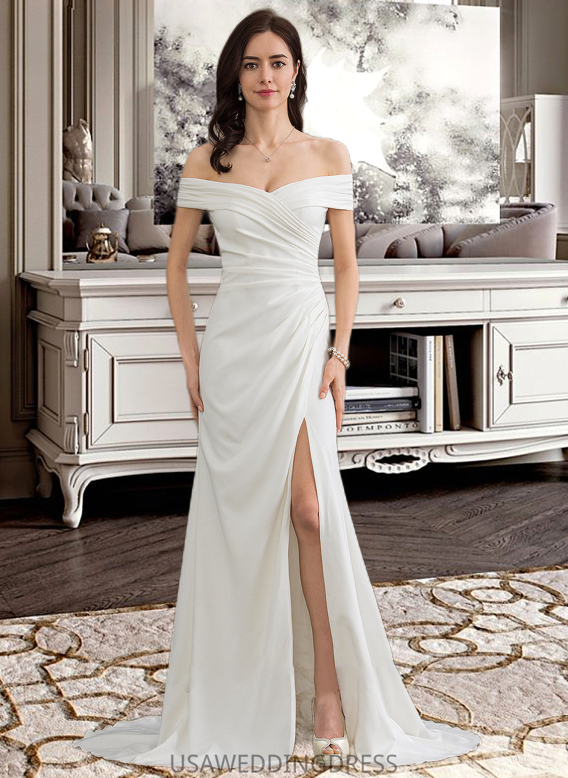 Nicky Sheath/Column Off-the-Shoulder Sweep Train Stretch Crepe Wedding Dress With Ruffle Split Front DSP0013707