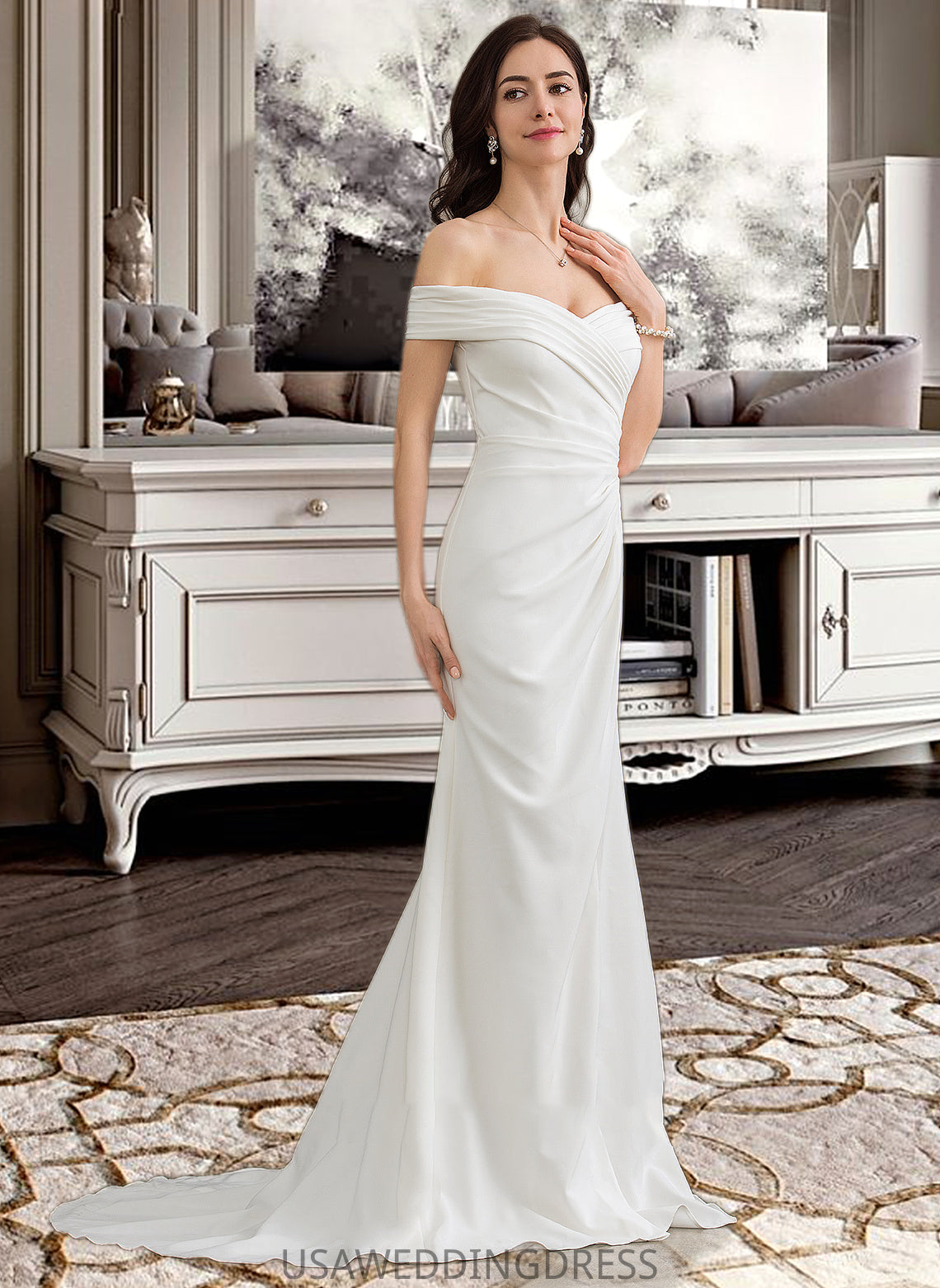 Nicky Sheath/Column Off-the-Shoulder Sweep Train Stretch Crepe Wedding Dress With Ruffle Split Front DSP0013707