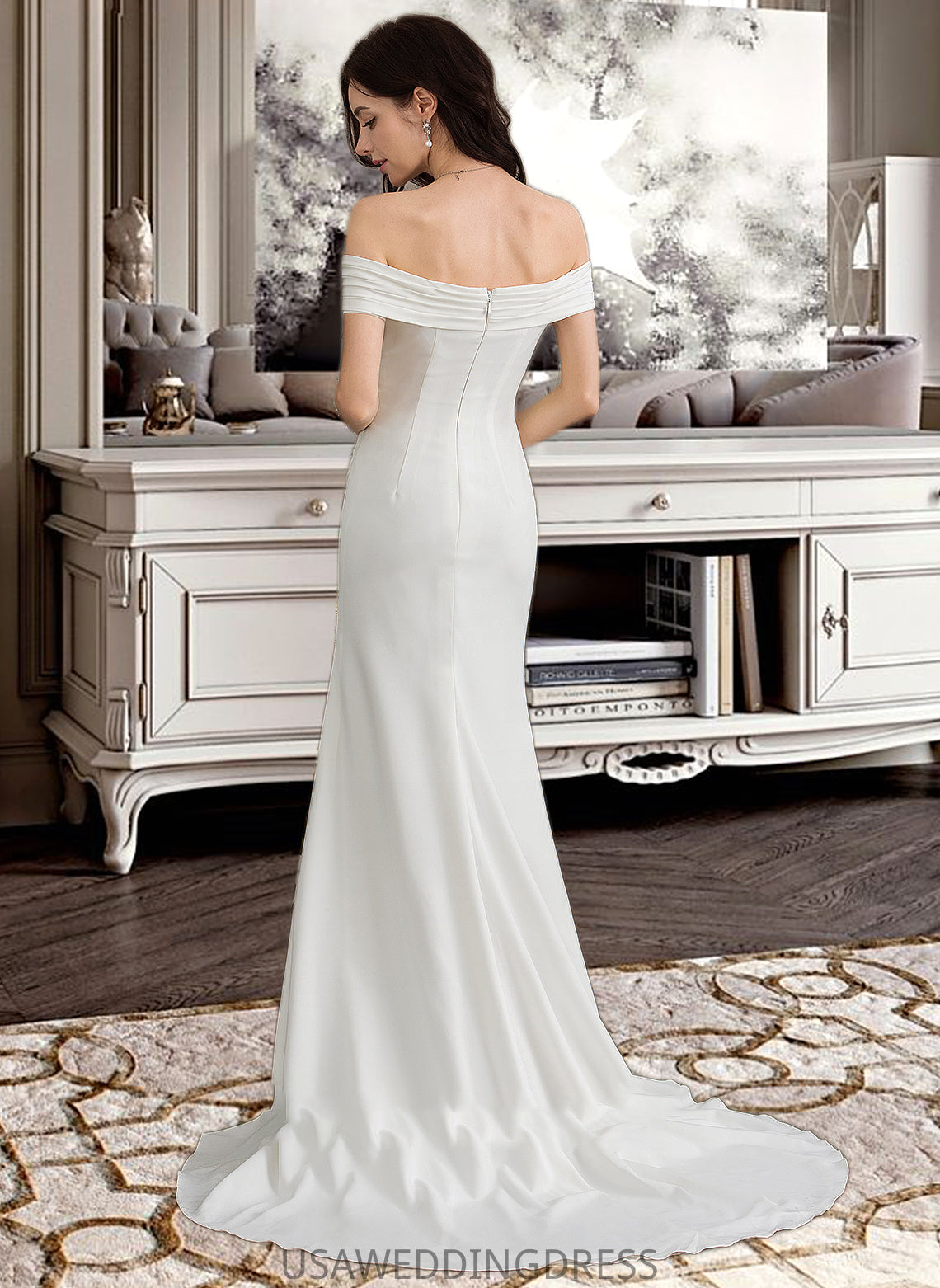 Nicky Sheath/Column Off-the-Shoulder Sweep Train Stretch Crepe Wedding Dress With Ruffle Split Front DSP0013707