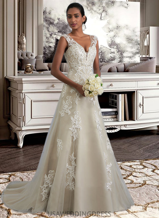 Alexia A-Line V-neck Court Train Tulle Lace Wedding Dress With Beading Sequins DSP0013709