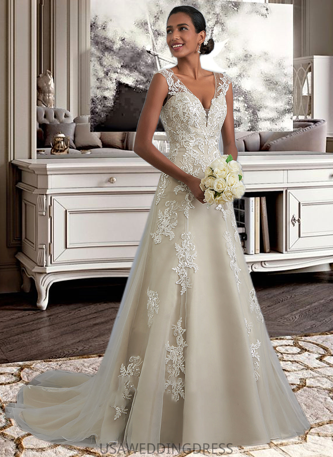 Alexia A-Line V-neck Court Train Tulle Lace Wedding Dress With Beading Sequins DSP0013709