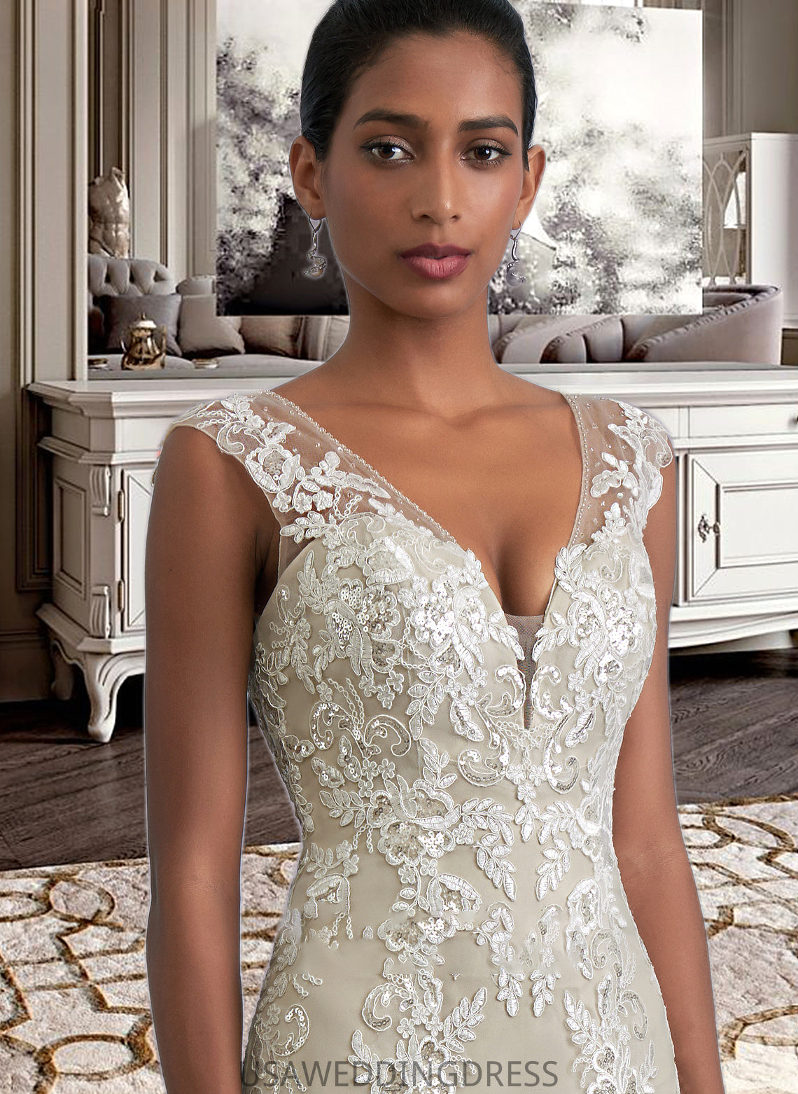 Alexia A-Line V-neck Court Train Tulle Lace Wedding Dress With Beading Sequins DSP0013709