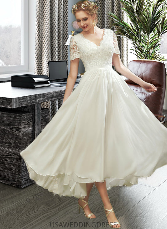 Cristal A-Line V-neck Asymmetrical Wedding Dress With Lace DSP0013712