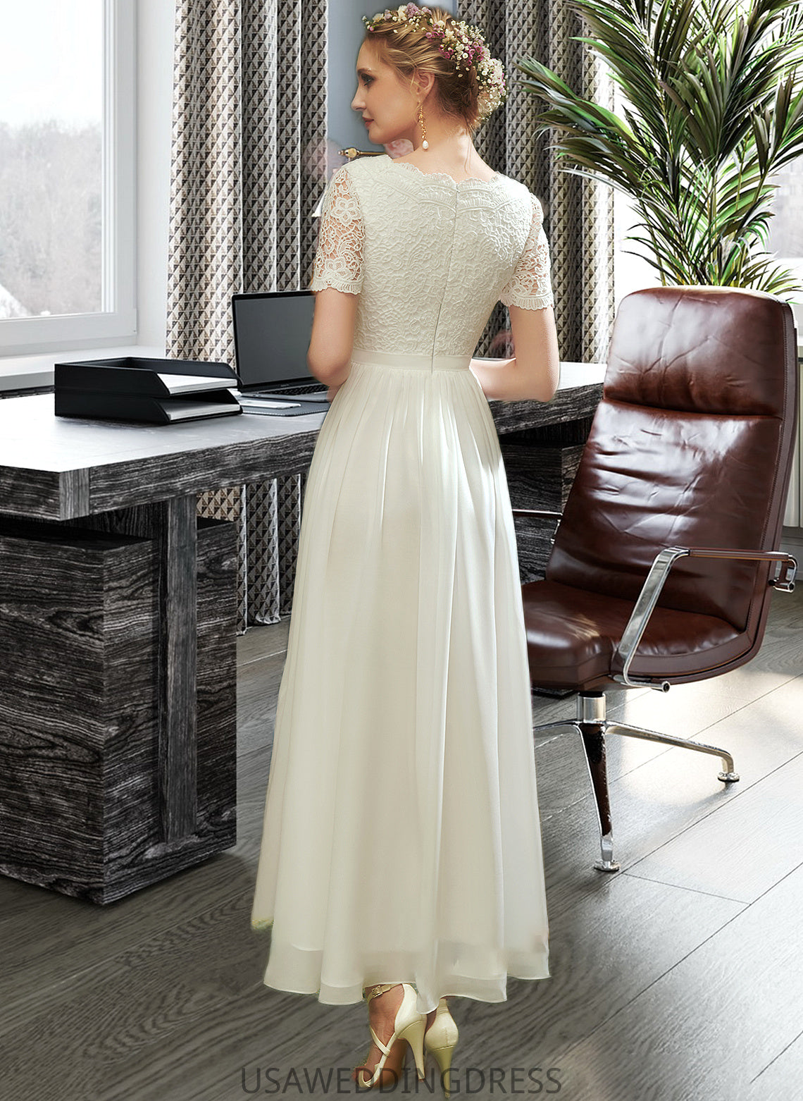 Cristal A-Line V-neck Asymmetrical Wedding Dress With Lace DSP0013712