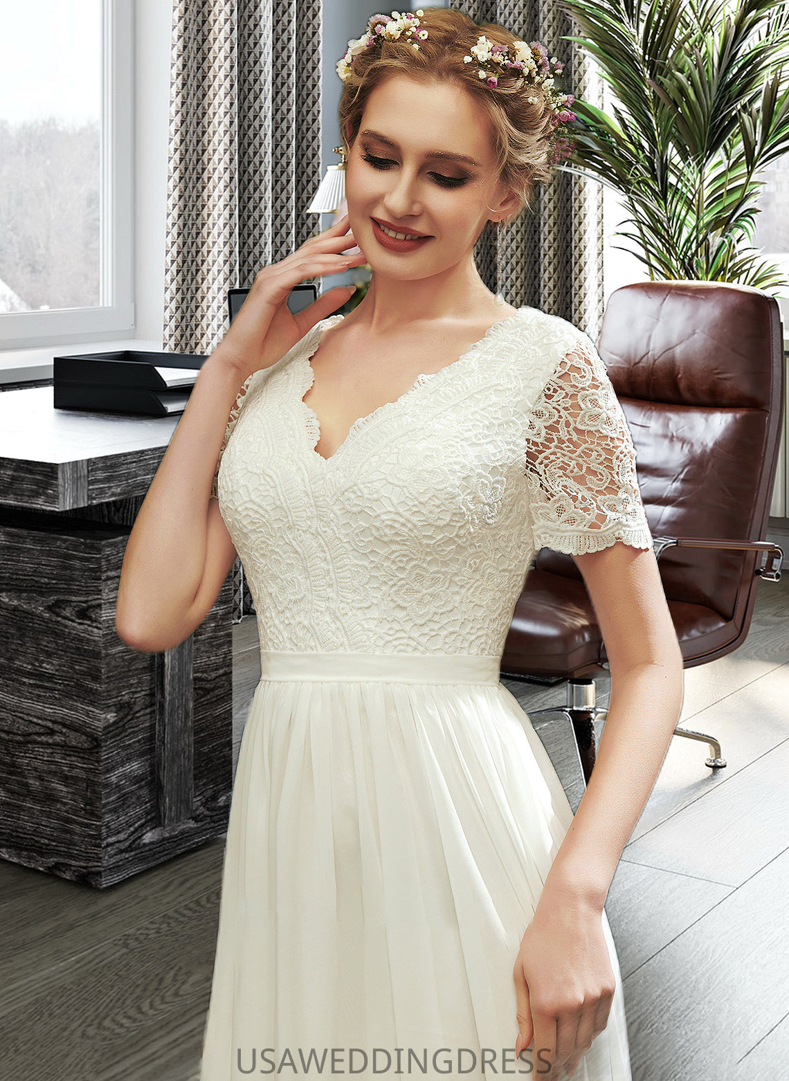 Cristal A-Line V-neck Asymmetrical Wedding Dress With Lace DSP0013712