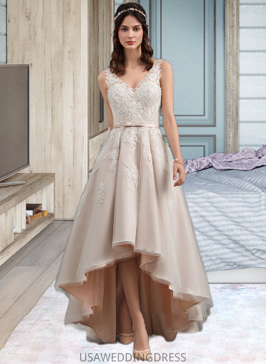 Kira A-Line V-neck Asymmetrical Tulle Lace Wedding Dress With Bow(s) DSP0013717