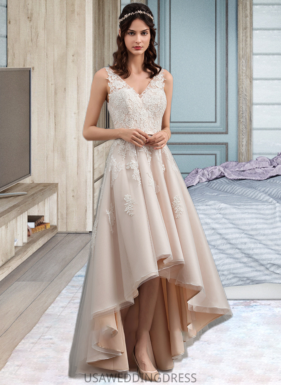 Kira A-Line V-neck Asymmetrical Tulle Lace Wedding Dress With Bow(s) DSP0013717