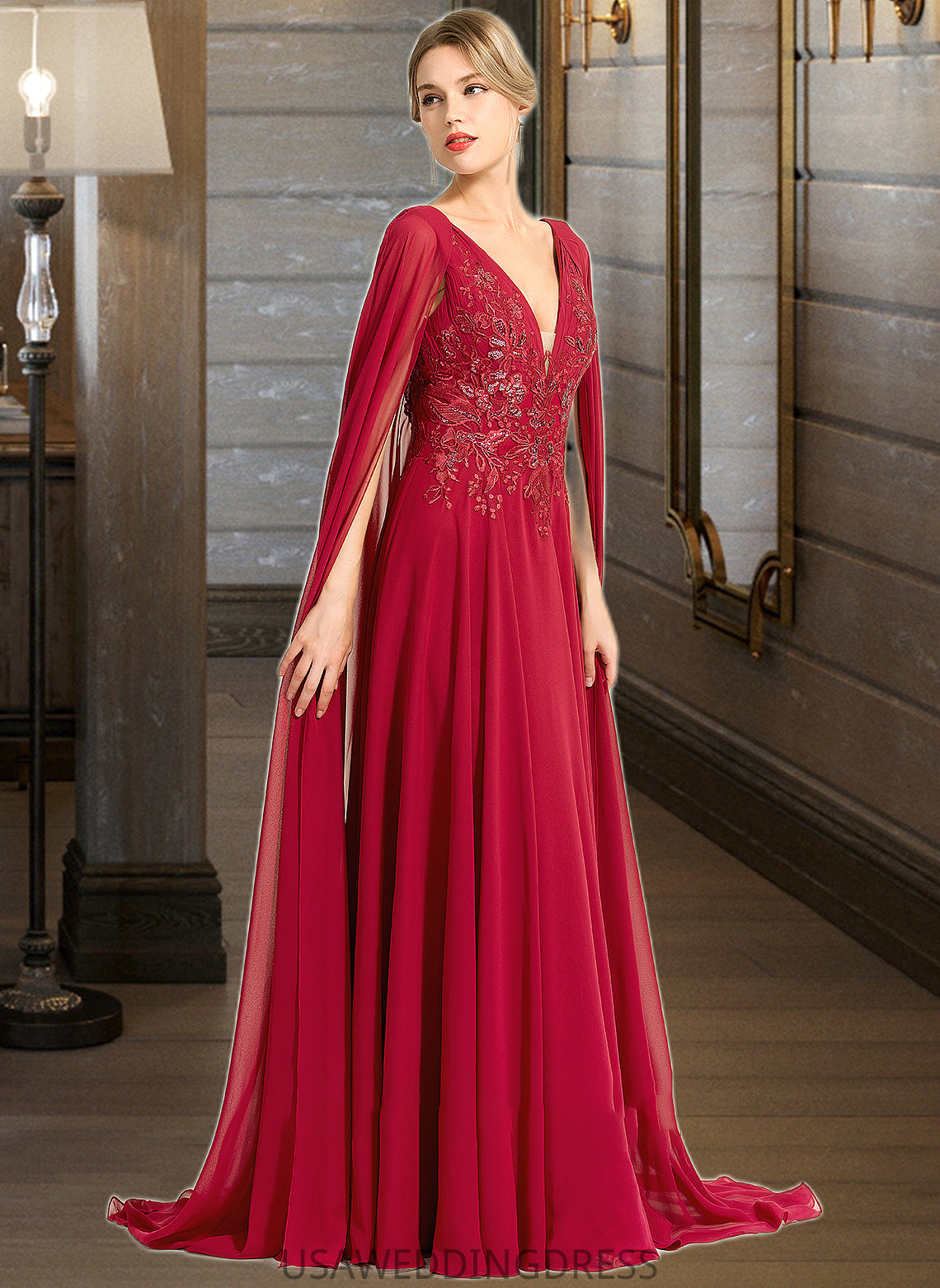 Rylie A-Line V-neck Floor-Length Chiffon Wedding Dress With Sequins DSP0013718