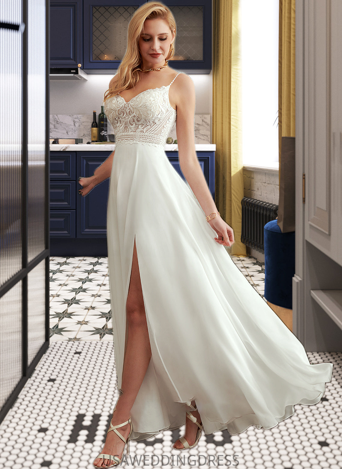 Angeline A-Line V-neck Floor-Length Wedding Dress With Split Front DSP0013721