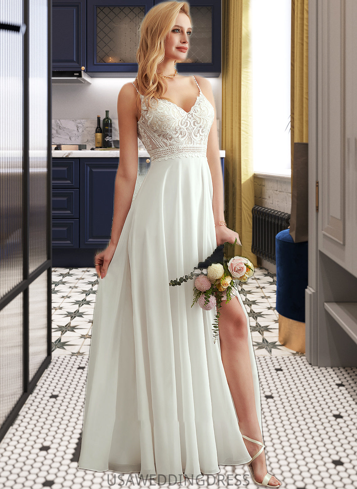 Angeline A-Line V-neck Floor-Length Wedding Dress With Split Front DSP0013721