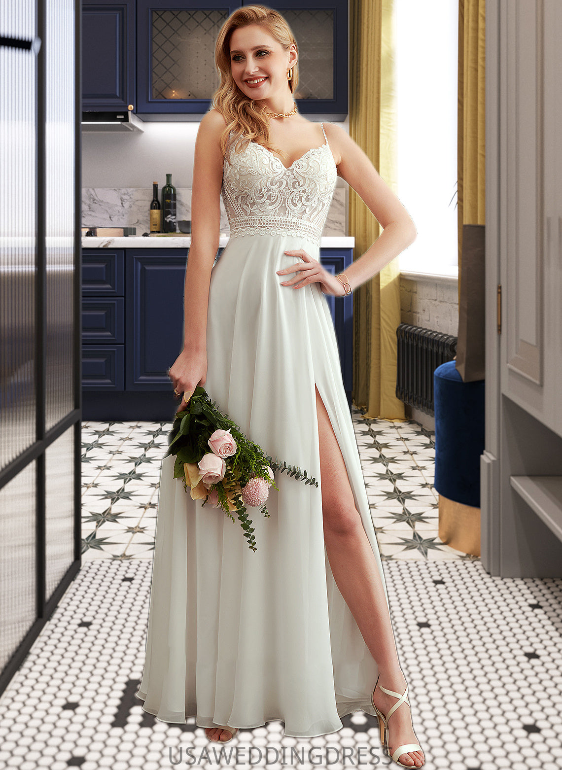 Angeline A-Line V-neck Floor-Length Wedding Dress With Split Front DSP0013721