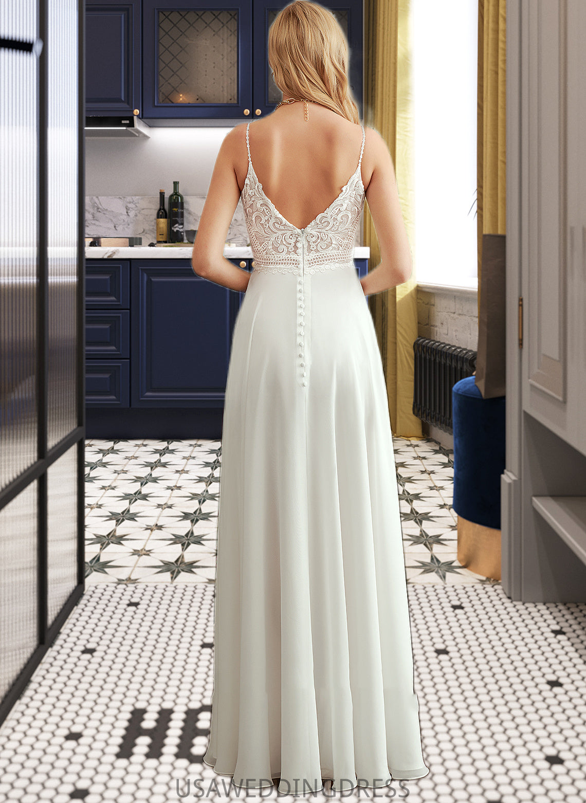 Angeline A-Line V-neck Floor-Length Wedding Dress With Split Front DSP0013721