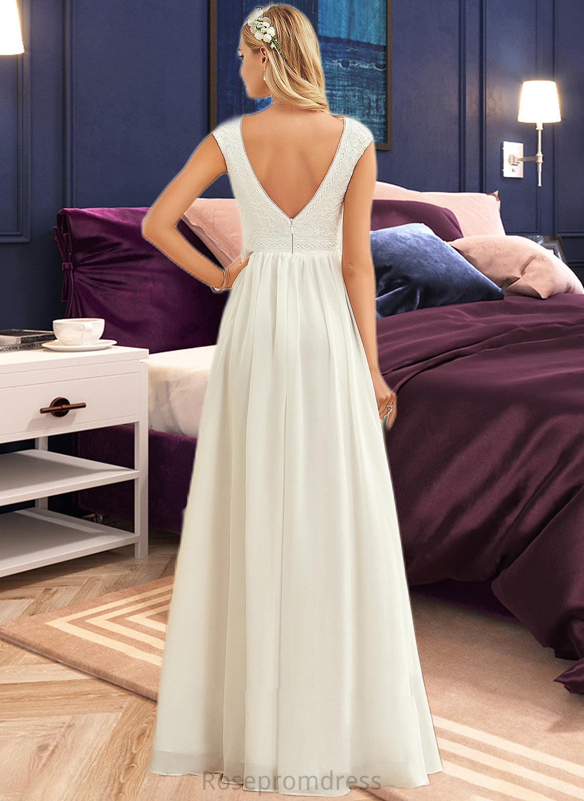 Mildred A-Line V-neck Floor-Length Chiffon Lace Wedding Dress SRSP0013722