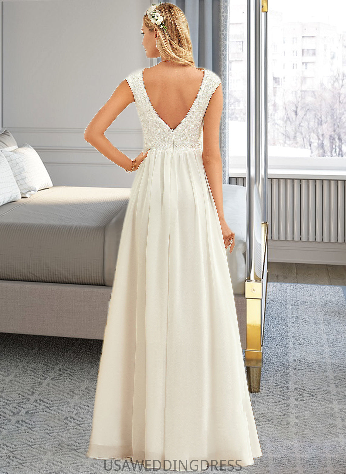 Kailey A-Line V-neck Floor-Length Chiffon Lace Wedding Dress DSP0013722