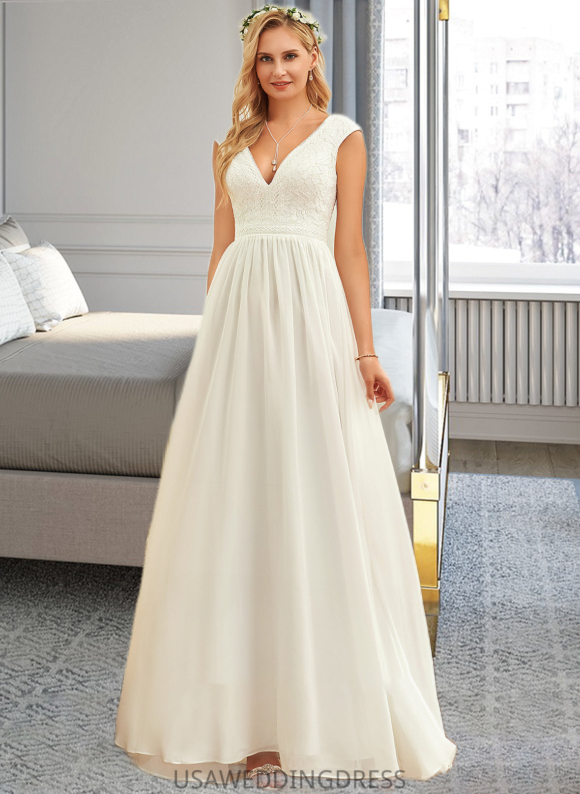 Kailey A-Line V-neck Floor-Length Chiffon Lace Wedding Dress DSP0013722