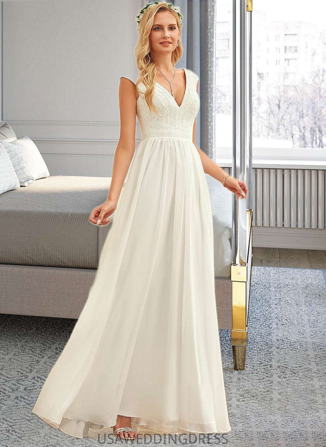 Kailey A-Line V-neck Floor-Length Chiffon Lace Wedding Dress DSP0013722