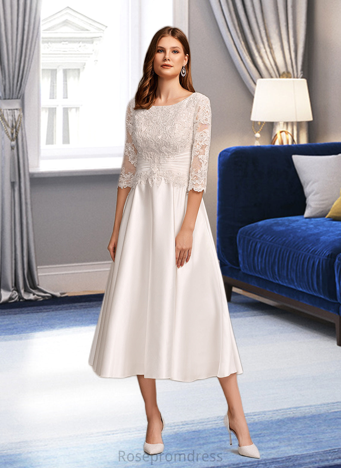 Jazlynn A-Line Scoop Neck Tea-Length Wedding Dress With Pockets SRSP0013723